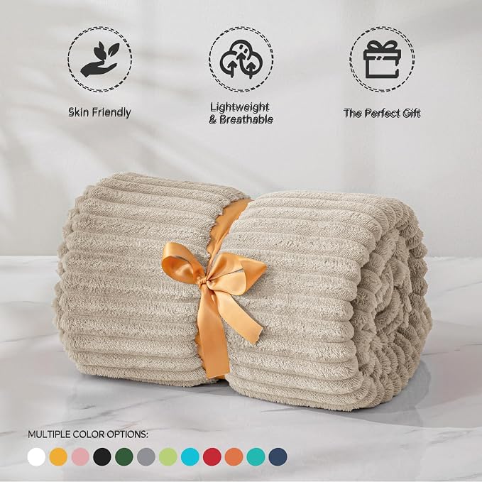 BEDELITE 3D Ribbed Linen Color Fleece Throw Blanket for Couch, 50x60 Inch | Soft Warm Decorative Fluffy Blanket, Cozy Plush Lightweight Fuzzy Throw Blanket for Bed Sofa Home Room Decor, Gift for Women