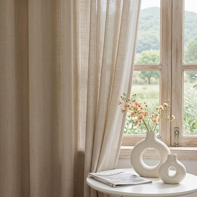 MYSKY HOME Taupe Sheer Curtains 63 inch Length Semi Sheer Curtains for Bedroom Light Filtering Short Window Treatment Privacy Protect Boho Farmhouse Soft Drapes Set, Back Tab, 50" Wide, 2 Pieces