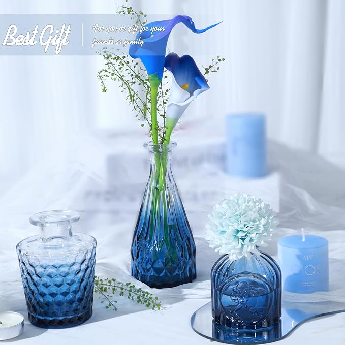 TBWIND Blue Glass Bud Vase Set of 5, Small | Flower Vases for Centerpieces in Bulk, Mini Vintage Vase, For Wedding Decor, Single Flowers and Home Table Décor