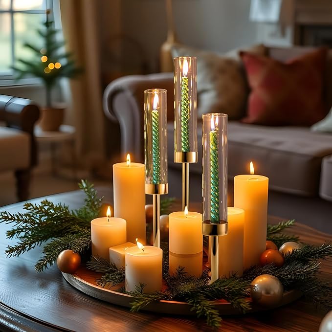 Gold Hurricane Candle Holders, Set of 6 Glass Taper Candlestick Holders Metal Candle Stands Bulk with Glass Cover for Dining Tables Wedding Candelabra Centerpieces Decor