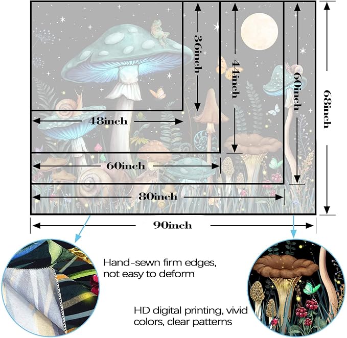 Zussun Teal Mushroom Tapestry Moon Star Tapestries for Bedroom Aesthetic Starry Night Green Plant Tapastrys Wall Hanging Butterfly Snail Frog Wall Tapestry for Living Room Dorm (Green, 48" x 36")