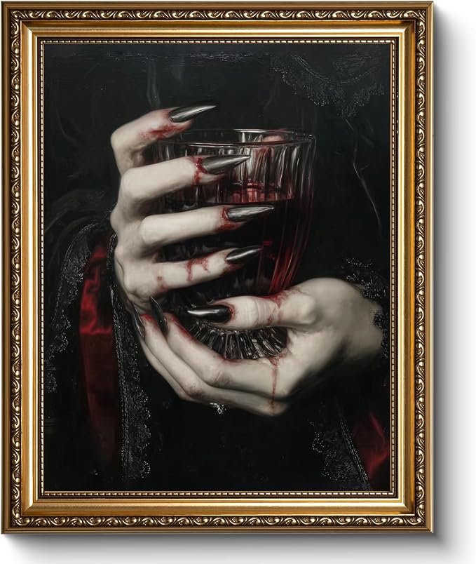 WHASAYART Vintage Gold Framed Vampire Hands Canvas Wall Art | Dark Academia Red Wine Glass Poster, Victorian Gothic Wall Decor for Halloween & Bathroom, 13x16" Waterproof Canvas Painting