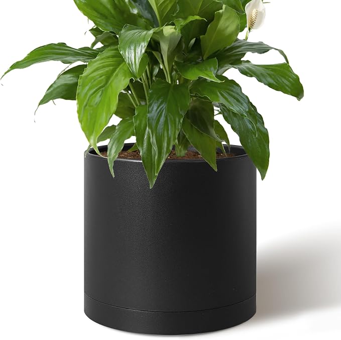 Giraffe Creation 14 Inch Cylinder Plant Pot, Modern Round Planter with Drainage Holes and Saucer, Durable Plastic Flower Pot for Indoor Outdoor Plants, Black