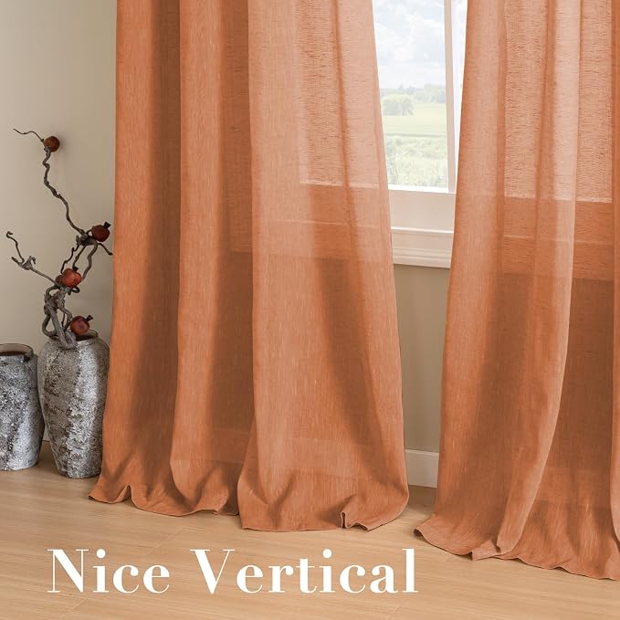 H.VERSAILTEX Linen Curtains Natural Linen Blended Curtain Panels for Living Room/Light Reducing Linen Semi Sheer Curtains 2 Panels Set Nickel Grommet Window Panels (52x63 Inch, Orange)