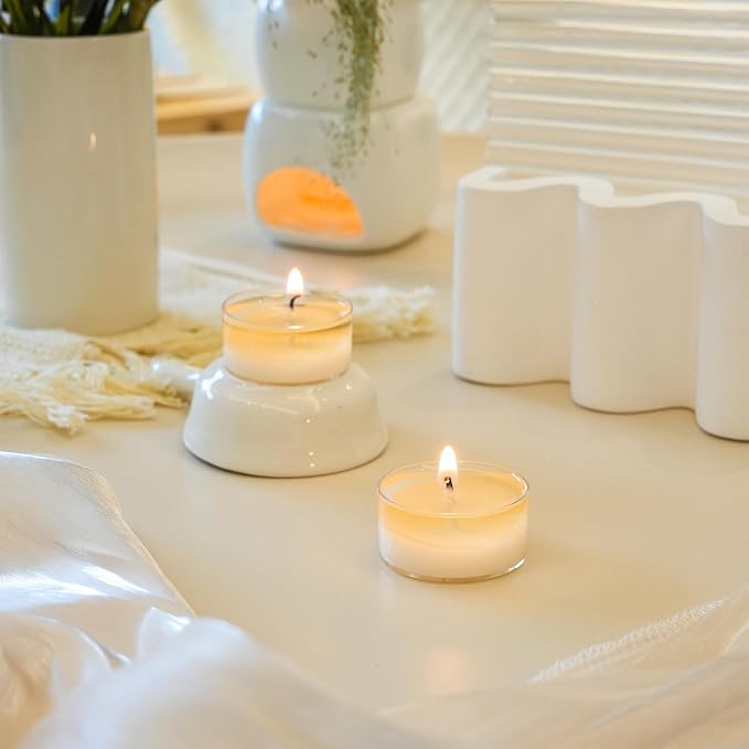 12 White Unscented Natural Soy Tealight Candles in Clear Cup