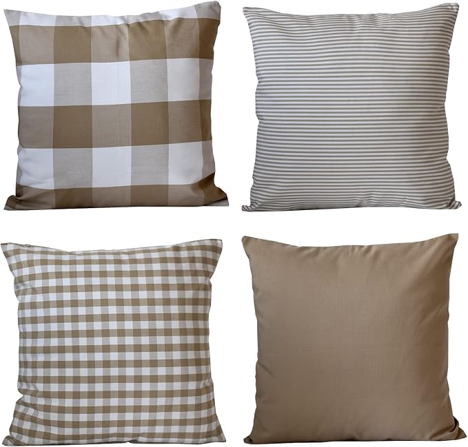 HOPLEE Farmhouse Pillow Cover Cushion Cover with Buffalo Plaid, Solid Beige, Striped and Gingham Plaid Design 16x16 Inches,4 Pack