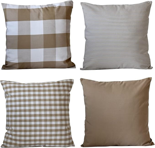HOPLEE Farmhouse 22 Inch Fall Pillow Cover Cushion Cover with Buffalo Plaid, Solid Beige, Striped and Gingham Plaid Design 22x22 Inches,4 Pack