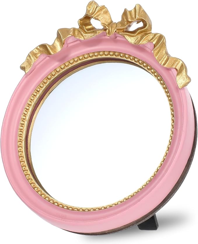 Xthrotsenk Small Desk Mirror 4.2'' Pink Vintage Makeup Wall Mirror Traditional Roundness Table Mirrors with Resin Frame Decorative Hanging Mirrors for Bedroom Bathroom Tabletop Wall