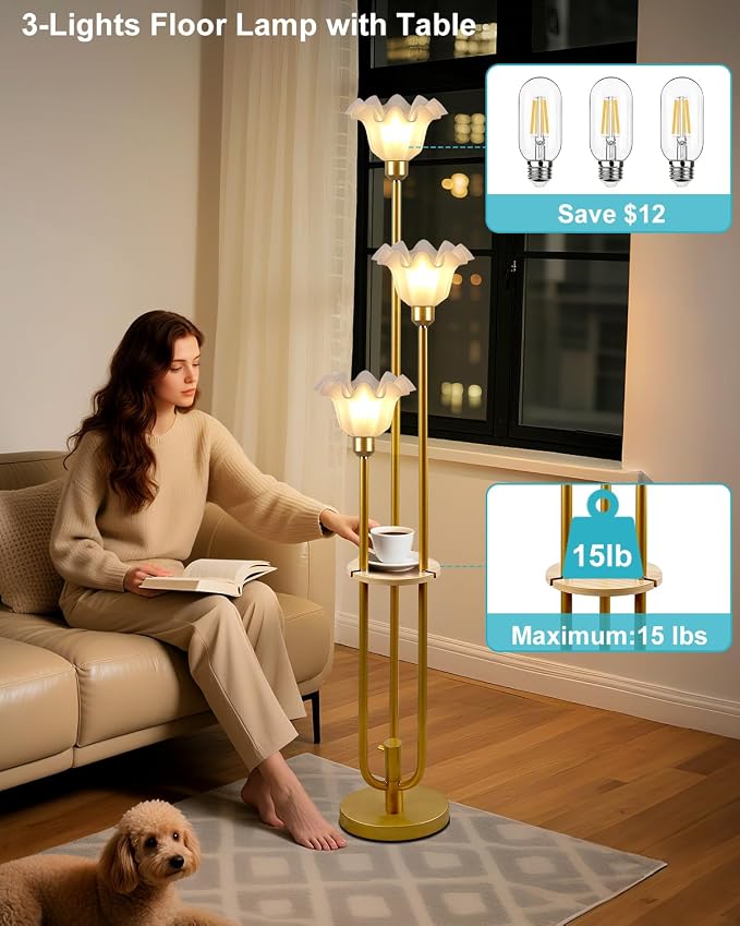 3-Flower Floor Lamp with Table Dimmable Gold Floral Floor Lamps