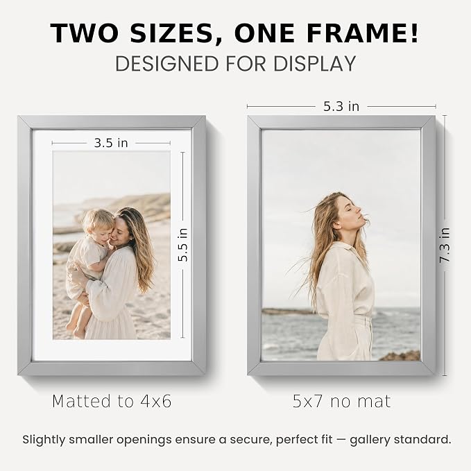 5x7 Photo Frame Silver, Aluminum Metal 5 x 7 Frame with Removable Mat, 5 by 7 Silver Picture Frame Matted to 4x6 Photo, Real Tempered Glass for Home and Office Gallery Wall, 3 Pack
