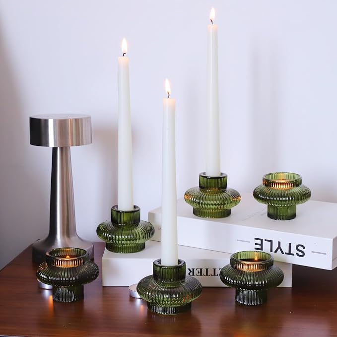 VOHO 12pcs Green Candlestick Holders for Spring and Christmas Decorations