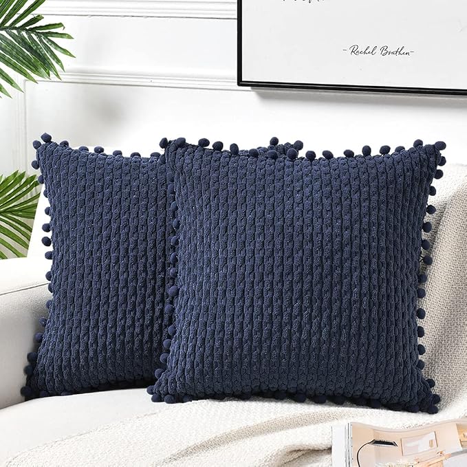 Fancy Homi Set of 2 Navy Blue Decorative Throw Pillow Covers 24x24 Inch with Pom-poms for Couch Bed Sofa, Modern Farmhouse Boho Home Decor, Soft Plush Corduroy Cute Cushion Case 60x60cm