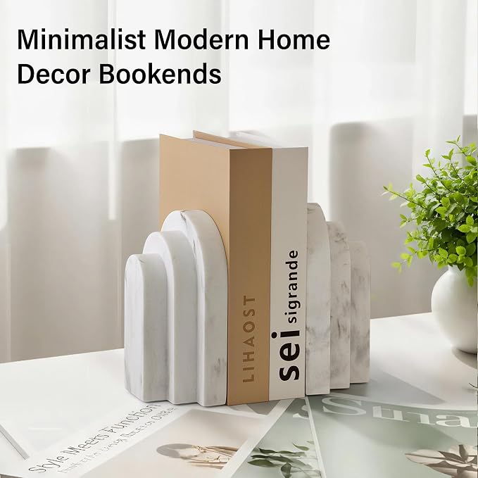 LIN CHUAN Heavy Duty Bookends for Shelves, Set of 2, Marble White Look | Book Ends for Heavy Books, Decorative Book Stopper with Faux Sandstone Finish, Layered Arch Design Bookshelf holder, 6.6 lbs