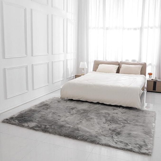 linmopm Faux Fur Rug Sheepskin Shag Fluffy Fuzzy 6x9 ft Grey Rugs for Bedroom Bedside Bed Floor Living Room Plush Rectangle High-Density Cushion Carpet Super Sofa Cover