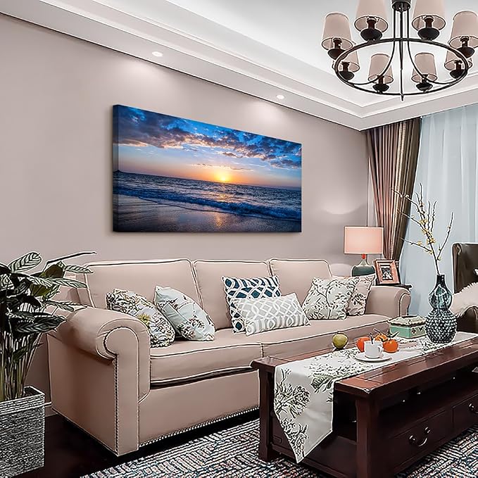 Wapluam Beach Wall Art -Blue Sea Coastal Sunset Natural Scenery Picture -Print On Canvas Ocean Seascape Canvas Print Artwork for Living Room Bedroom Bathroom Home and Office Wall Decor 24" x 48"