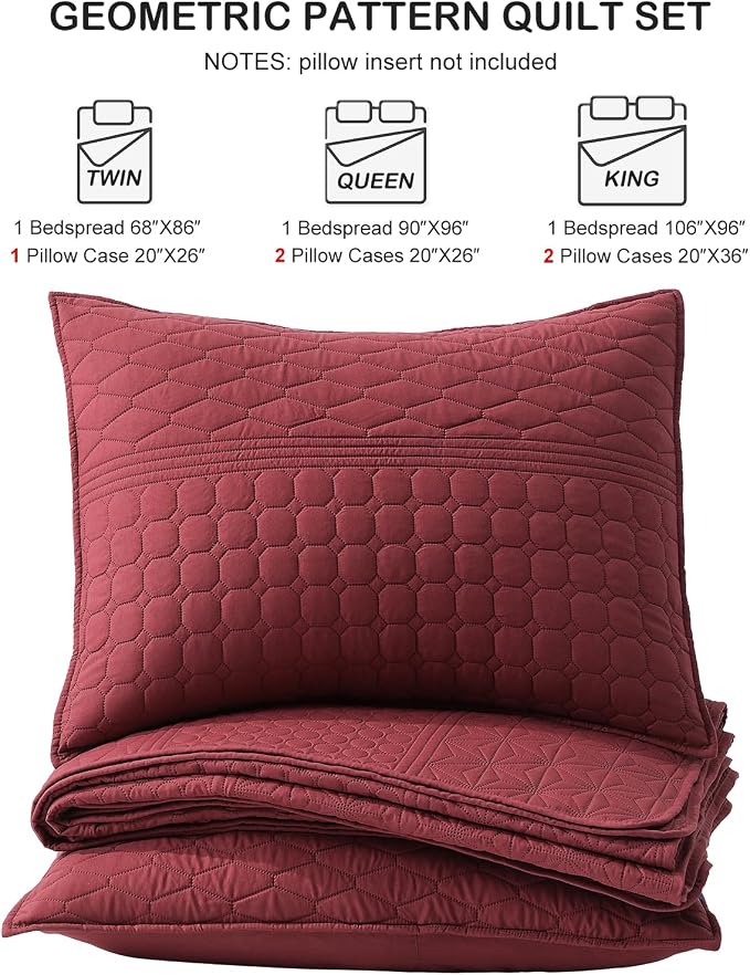 HORIMOTE HOME Burgundy Red Twin Size Quilt Set - Soft Microfiber Bedspread with 1 Sham, Lightweight & All-Season Geometric Coverlet for Cozy Bedding