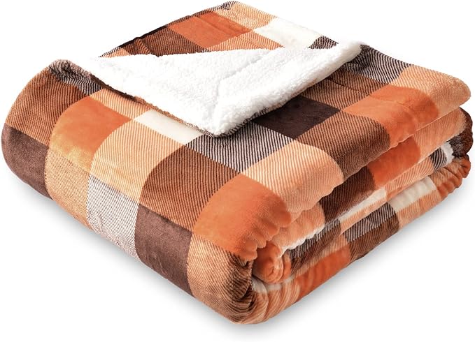 SOCHOW Buffalo Plaid Sherpa Fleece Throw Blanket, 60 x 80 inches, Orange | Fall Double-Sided Checkered Super Soft Luxurious Bedding Blanket