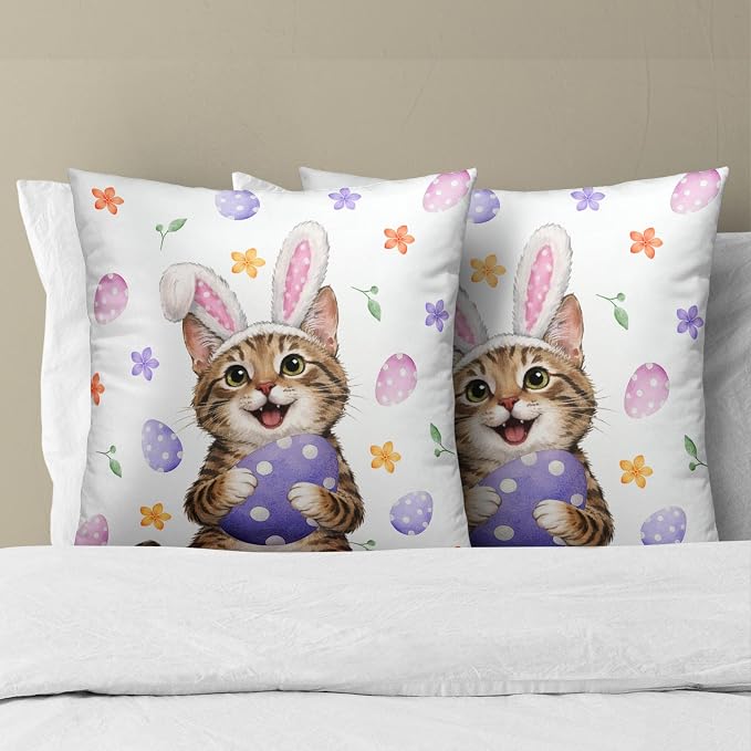 Easter Cat Pillow Covers 24x24 Inches Set of 2 Cute Bunny Ear Cat Pillowcase Kitten Eggs Floral Cotton Cushion Covers Spring Holiday Pillow Cases for Home Sofa Couch