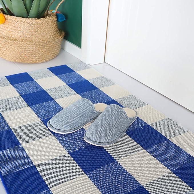 Ukeler Farmhouse Area Rugs 24''x51.2''- Cotton Hand-Woven Buffalo Plaid Outdoor Rug/Kitchen Rugs/Bathroom Rug/Laundry Room Rug, Front Porch Décor