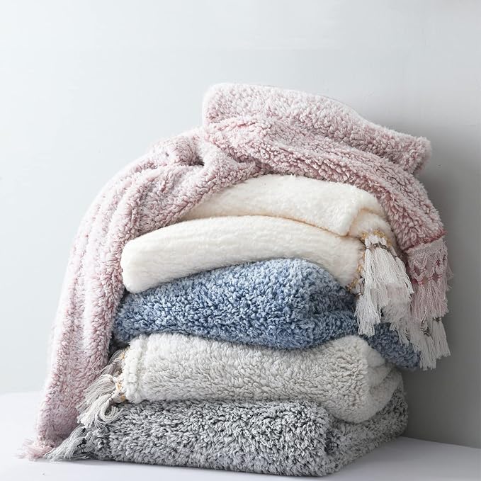 Ultra Soft Fleece Sherpa Blanket King Size,Lightweight Cozy Boho Bed Blanket with Decorative Tassel, Pattern Reversible, Antique White,104”x90”