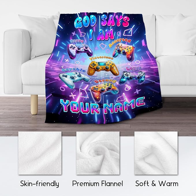 Personalized Gaming Throw for Boys, Soft Plush Fleece Kids Blanket for Couch, God Says I Am Blanket for Kids, Gamer Room Decor Gift, 30"x40"