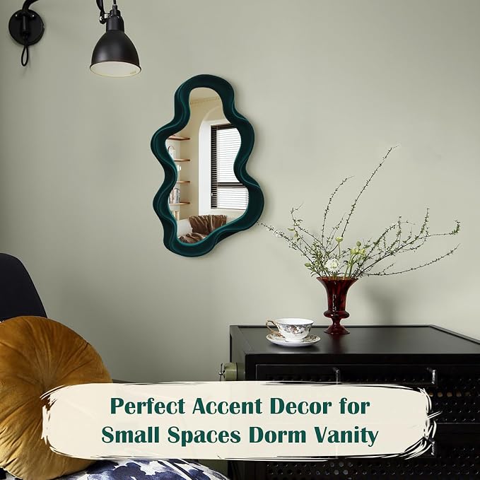 Emerald Green Wavy Wall Mirror Decor for Hallway Entryway, Irregular Cloud-Shaped Small Decorative Mirrors for Home Office Living Room, Modern Hanging Wall Art for Christmas Wedding Gift