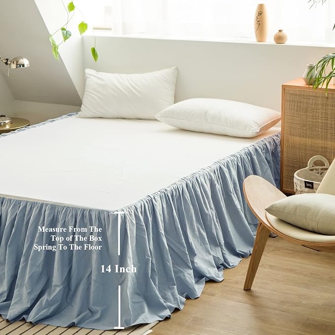 BISELINA French Linen Bed Skirt with Pleated Frills 14-Inch Tailored Drop Natural Flax Cotton Blend Dust Ruffle Soft Cozy Farmhouse Bedding (14" Twin, Dusty Blue)