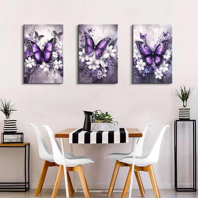 Purple Wall Decor Vintage Floral Wall Art Nature Butterfly Pictures Rustic Blossom Botanical Canvas Prints Farmhouse Wildflower Painting Artwork for Bedroom Living Room Home Decoration 16x24” 3Pcs