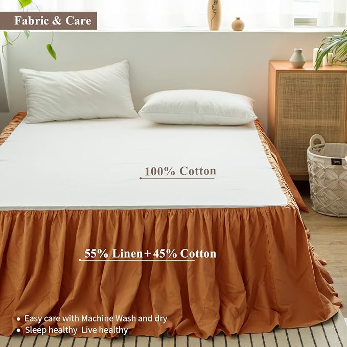 BISELINA French Linen Bed Skirt with Pleated Frills 22-Inch Tailored Drop Natural Flax Cotton Blend Dust Ruffle Soft Cozy Farmhouse Bedding (22" Full, Ruffle Rust)