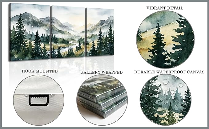 Large Forest Canvas Wall Art for Bedroom Living Room - 3 Piece Greenery Sunrise Mountain Landscape Pictures, Nature Wall Decor for Master Bedroom Office, Abstract Trees Painting Prints, Gallery Wrapped 16x24 Inch