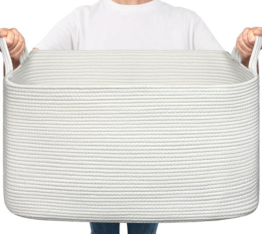 Goodpick Large Woven Rope Blanket Basket, Rectangle, White, 75L | 21.6'' x 14.9'' x 11.8'' Storage Basket for Blankets & Toys, Living Room, Bedroom & Nursery Organization, Reinforced Handles