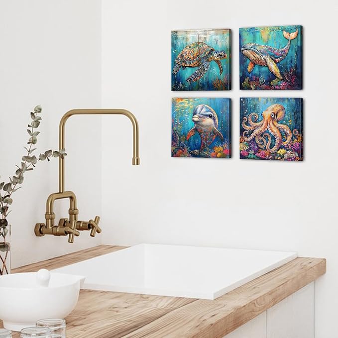 Beach Animal Wall Art Sea Turtle Bathroom Wall Decor Watercolor Octopus Whale Dolphin Pictures Canvas Prints Ocean Nursery Paintings Abstract Coastal Marine Life Posters Artwork Decoration 12x12" 4P