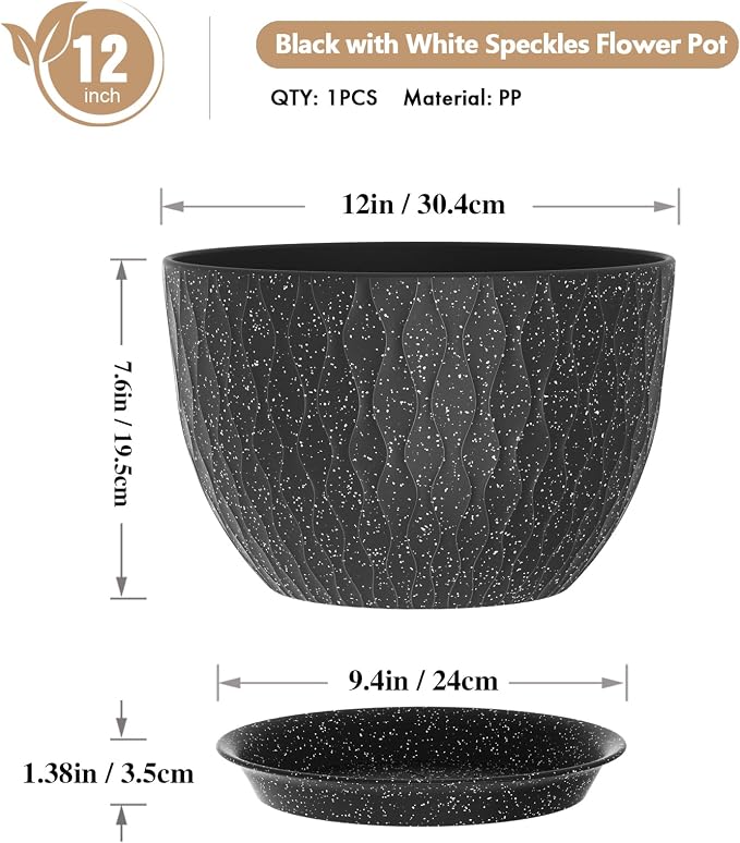 WSMKSZ 12 Inch Wide Water Ripples Flower Pots for Indoor or Outdoor Plants, Large Plant Pots with Drainage Holes & Saucer, Plastic Planters Set for Garden & Home Decor (Black with White Speckles)