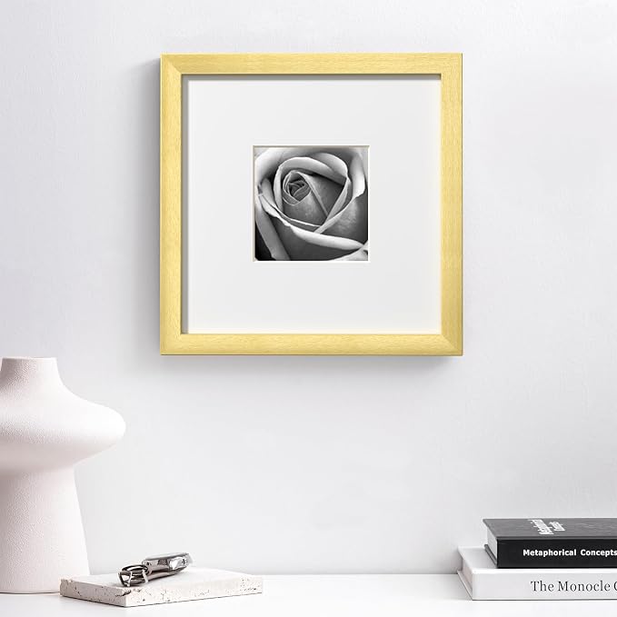 eletecpro Picture Frames Set of 9, 10x10 for 5x5, Acrylic Cover, Gold | Display Photo 5x5 with Mat or 10x10 without, Square Gallery Collage, Wall Mount, Minimalist Home Decor, Engineered Wood