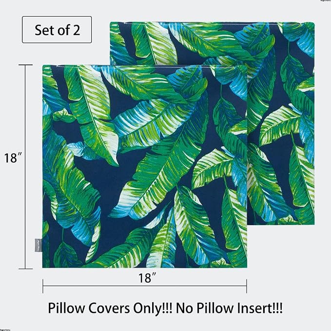 Magpie Fabrics Patio Pillow Covers ONLY 18"x18", Set of 2, Fade-Resistant Outdoor Indoor Decorative Throw Pillowcase Shell for Couch Garden Furniture - Green Lagoon Leaves