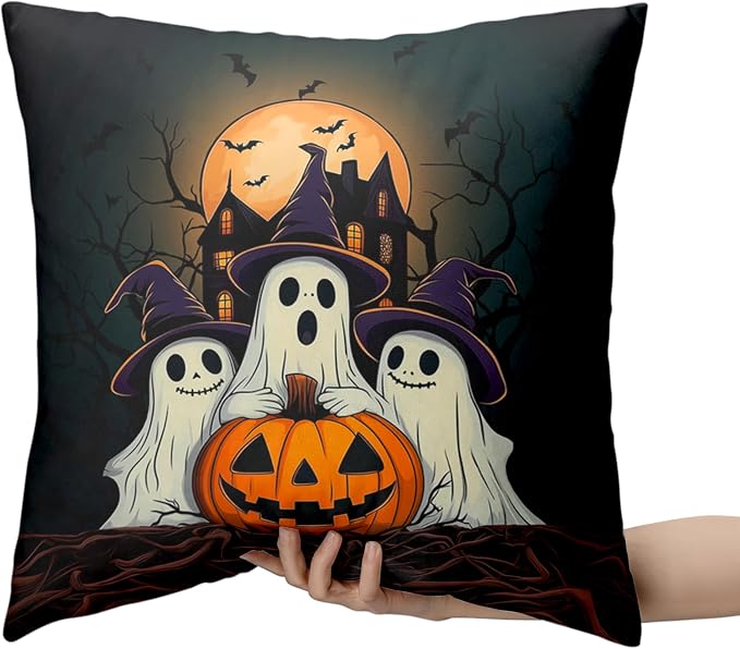Set of 2 Halloween Pillow Covers 18x18 Ghost Throw Pillow Covers Full Moon Night Castle Bat Pillow Case Jack-O-Lantern Cushion Case for Holiday Party Decor Couch Sofa