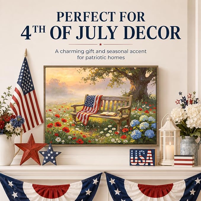 American Flag Framed Canvas Wall Art, 4th of July Patriotic Canvas Prints | Wildflower Landscape Poster Print, Vintage Rustic Independence Day Wall Decor for Bedroom Living Room Office 6×8in