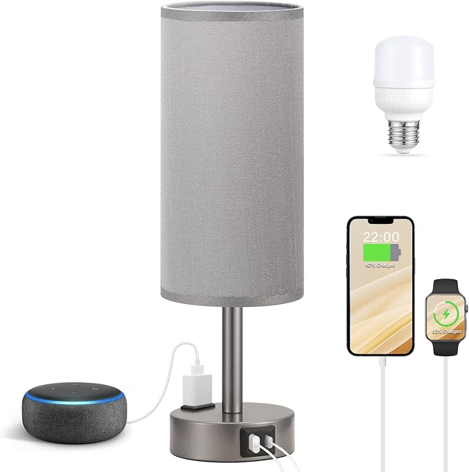 Fenmzee Grey Bedside Lamp for Bedroom, Dimmable Touch, USB A+C, AC Outlet