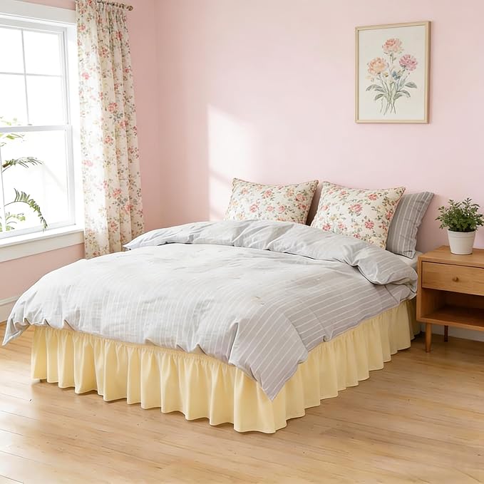 Butter Yellow Bed Skirt Queen 12" Drop, Elastic Wrap Around Bedskirt | Solid Ruffled, Easy to Use, No Mattress Lifting, Wrinkle & Fade Resistant, with Adhesive Strips, Machine Wash/Dry/Iron