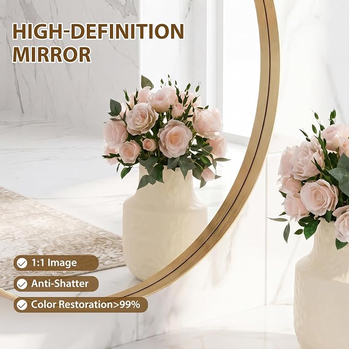 Sweetcrispy Round Bathroom Mirror for Over Sink, 28 Inch Wall Vanity Mirror | Matte Metal Frame Over Sink, Home Decor Living Room, Bedroom Hang Mount, Gold