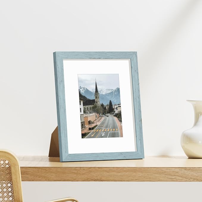 Vittanly 8x10 Picture Frames Set of 9, Wall & Tabletop, Rustic Blue | Display Pictures 5x7 with Mat or 8x10 without Mat, Small Photo Frames, Engineered Wood with Shatter Resistant Plexiglass