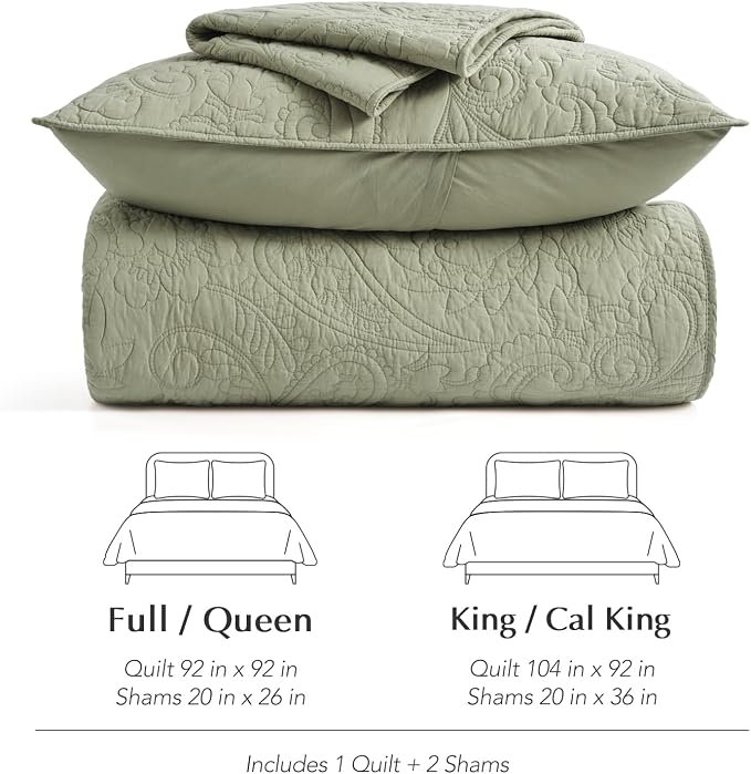 EVERGRACEHOME 100% Cotton Paisley Quilt Set, Queen Size, Light Sage Green | Prewashed for Softness, Year-Round Breathability, Gift-Ready Box, Matelasse-style Quilted Coverlet, 3 Piece Set with 2 Shams