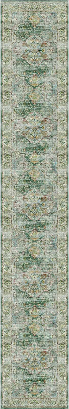 Madane Washable Runner Rugs 2x12 Long for Hallway Kitchen Soft, Green | Non-Slip Vintage Printed 12ft Rug Runners with Rubber Backing, Low-Pile Floor Carpet Laundry Room Entryway, Corridor