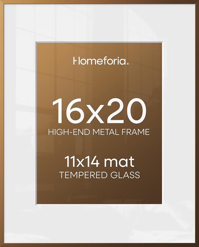 Homeforia 16x20 Bronze Picture Frame, High-End Metal, 11x14 Mat, Glass