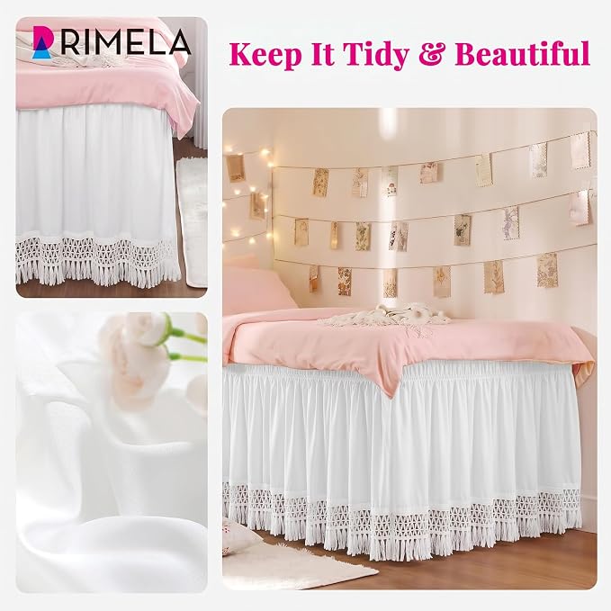RIMELA Tassel Trim Dorm Bed Skirt Twin XL 36 Inch Drop, Wrap Around Elastic Dust Ruffle Easy to Install, Bedskirt Solid Silky Fabric Machine Washable, Bedroom Decor