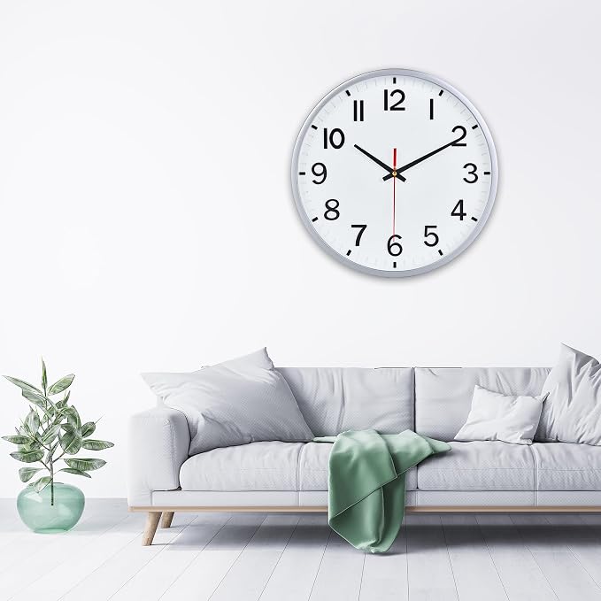 Wall Clocks Battery Operated 10 inch Modern Wall Clock,Silent Non Ticking Wall Clock for Living Room Bedroom Kitchen Office Classroom Decor (Silver and White)
