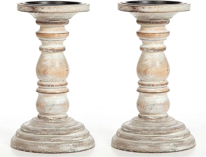 Hosley Set of 2 High Wood Candle Holder 8 Inch High for Pillar Wax Candles Flameless Candle. Distress Finish Candleholder. Ideal Gift for Wedding Party Home Spa Reiki Aromatherapy Candle Gardens O4
