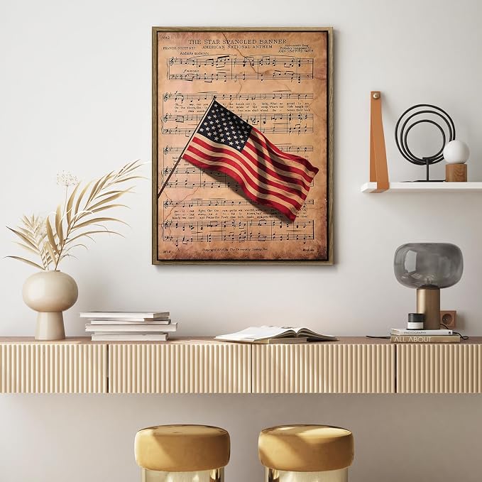 American Flag Framed Canvas Wall Art, 4th of July Patriotic Canvas Prints | Sheet Music Poster Print, Vintage Independence Day Wall Decor for Bedroom Living Room Office 16×20in