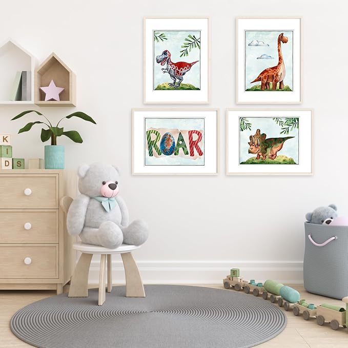 Friendly Dinosaur Art Prints (Set of 4) - Unframed - 8x10s | Fun and Educational Prehistoric Decor for Kids' Rooms | Wall Decor for Boys and Girls Bedrooms or Nurseries | Bathroom Pictures Wall Decor