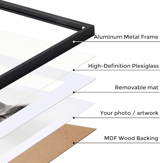 Fun Memories 11x14 Metal Picture Frame- 11x14 Aluminum Photo Frames with 8x10 Mat, High-Definition Plexiglass Front, and Hanging Hardware - Ideal for Wall or Tabletop Display (Black, Pack of 1)